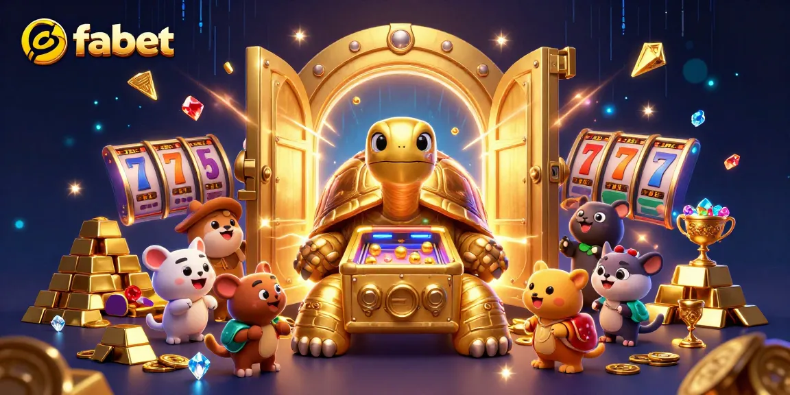 Engage with fabet's thrilling slot games featuring a giant golden tortoise pinball machine illustration.