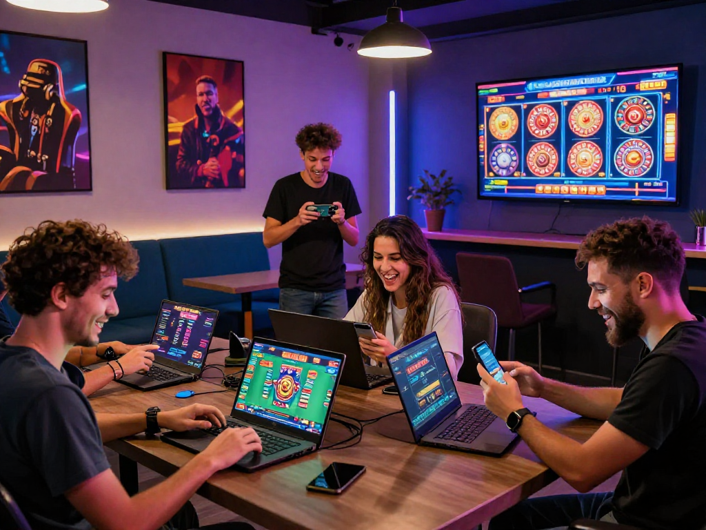 Jogadores aproveitando a experiência de apostas online na SPBET com smartphones e laptops.