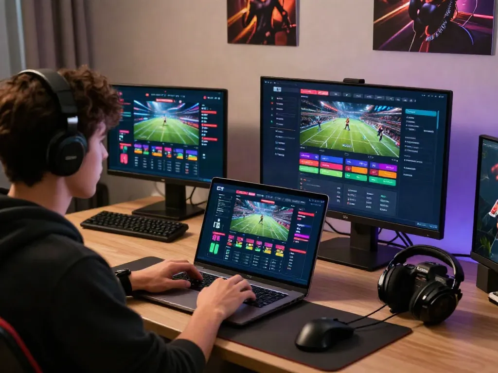 Engaging scene of a user betting on ta88's platform from a modern home office.