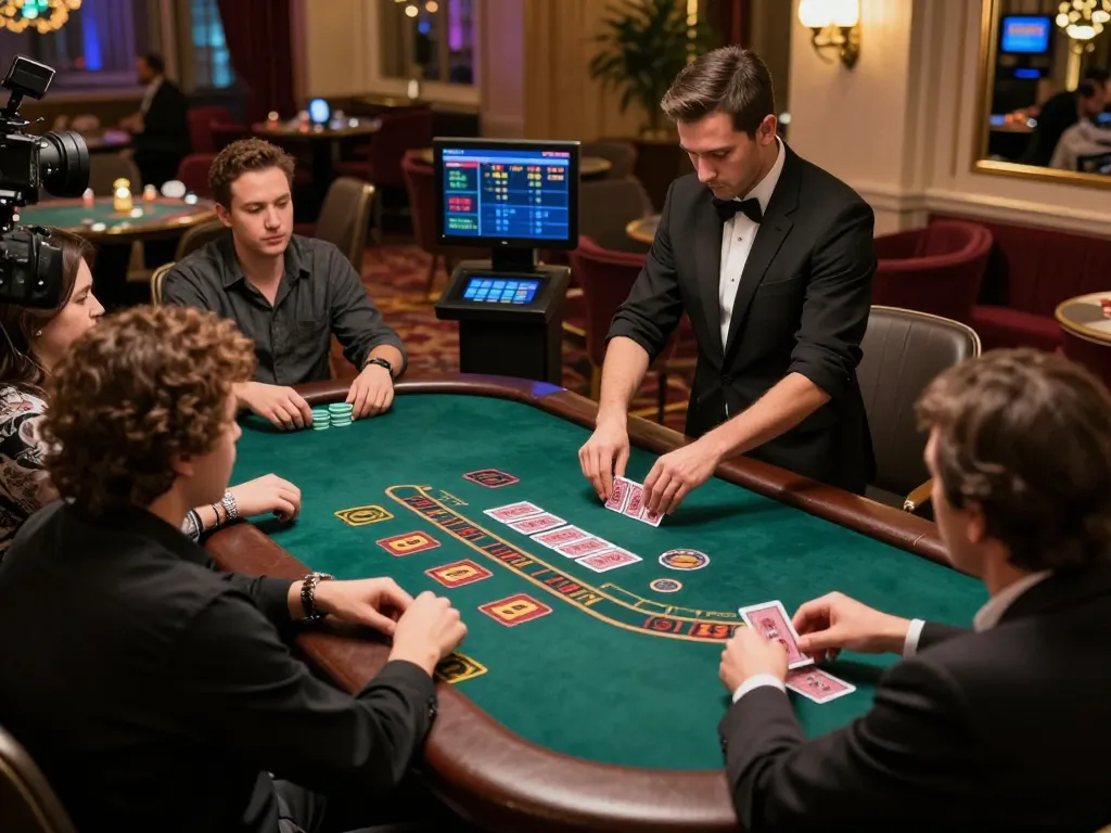 Engaged players strategizing in a live dealer blackjack game at King333, showcasing interactive gaming experience.