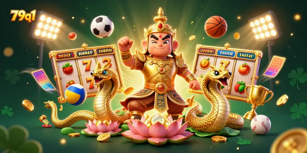 Play exciting slot games at 79q1, featuring themed reels, golden jackpots, and gambling excitement.