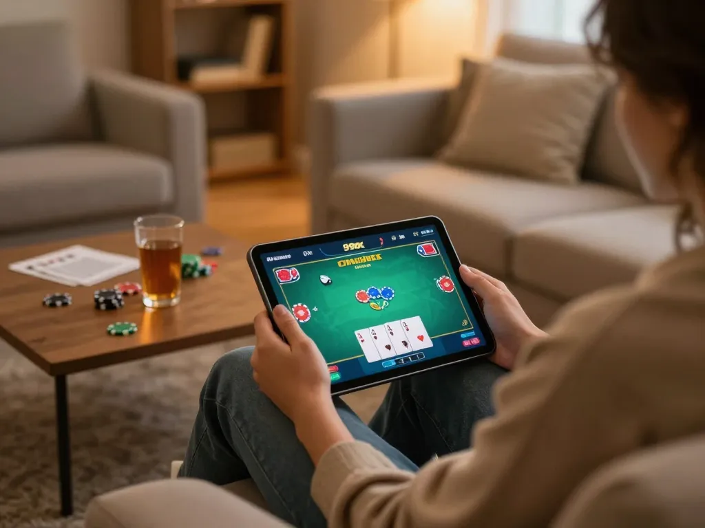 Experience live poker game action on 99ok mobile app while enjoying a cozy home setting