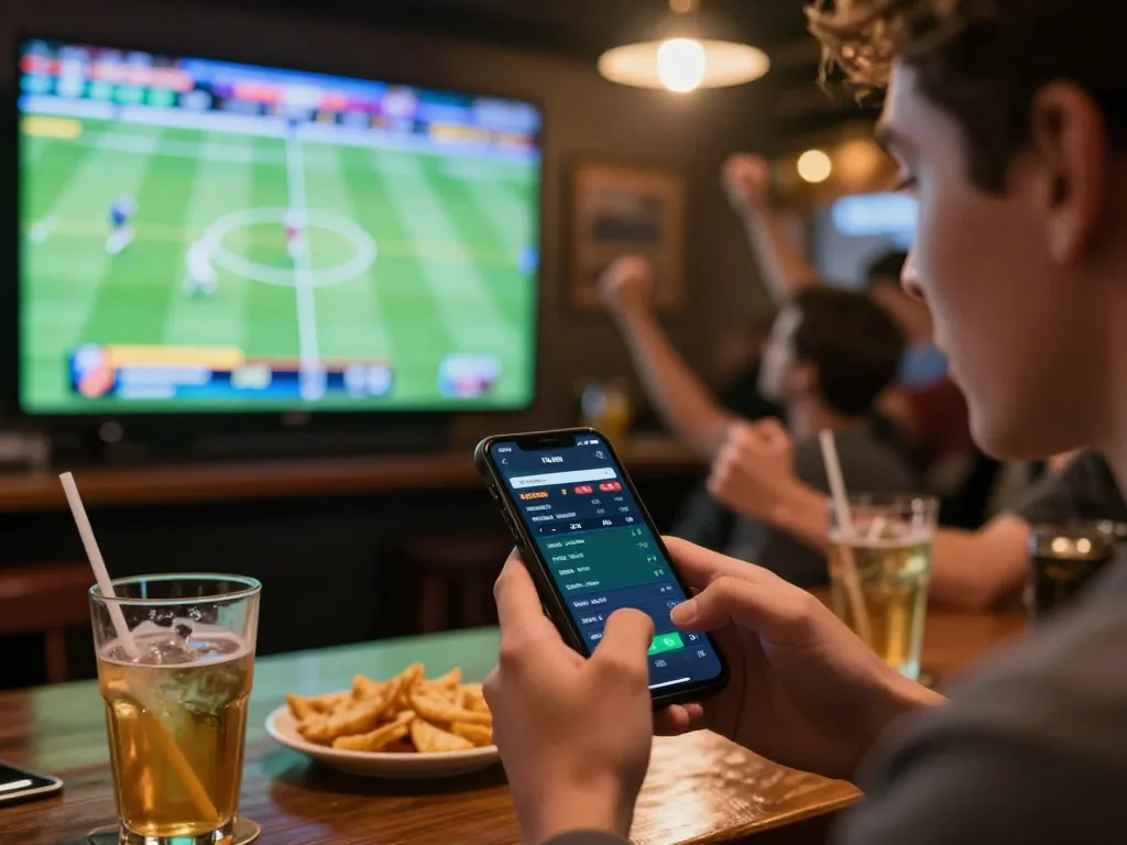 A person actively placing sports bets using a mobile app at https://uu88.blog/ while watching a live football game.