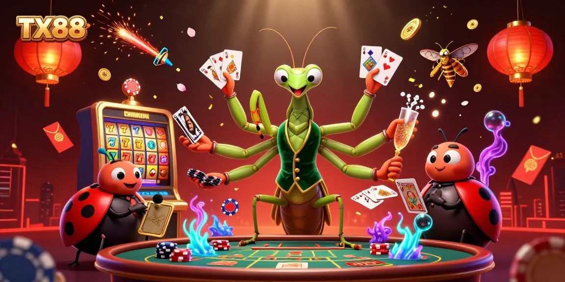 TX88 captivates players with vibrant casino energy in a 3D illustration of a mantis card sharp.