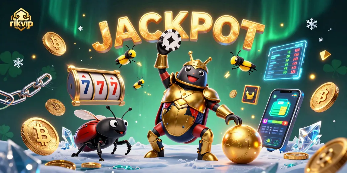 Experience exciting games at rikvip with a hercules beetle championing poker rewards in a vibrant casino scene.