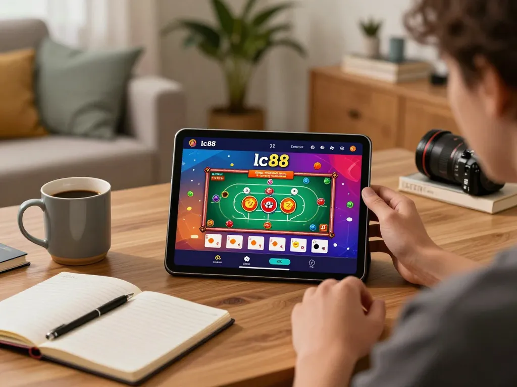 Player engaging with lc88's casino app at home, showcasing responsible gaming.