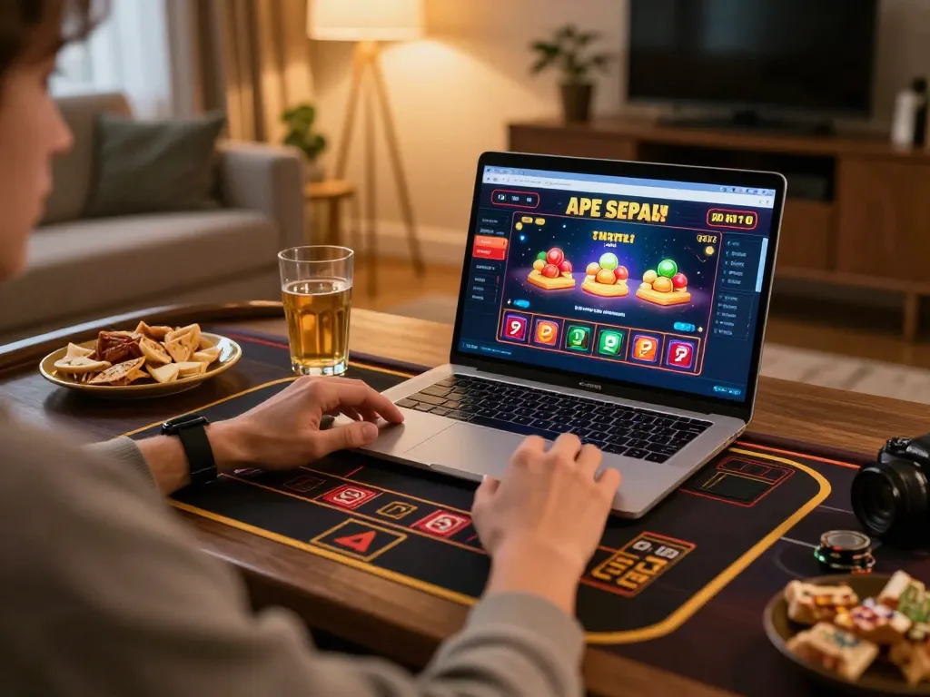 Engaged player strategizing bets on 888bgo online casino from a cozy home setup with snacks