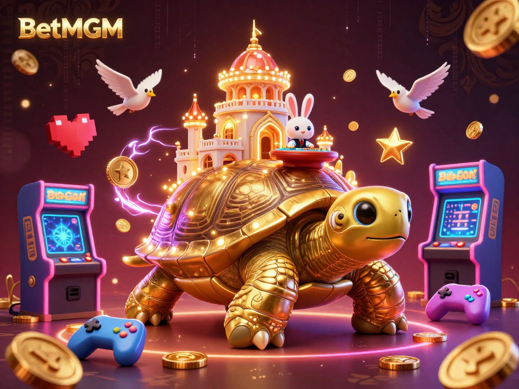 Experience BetMGM's vibrant gaming atmosphere with a golden tortoise casino scene lit with coins.