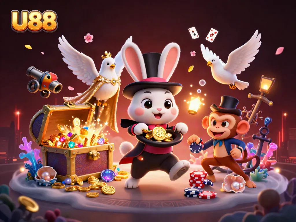 Experience the excitement of U88 as cartoon characters engage in thrilling casino antics, surrounded by vibrant gambling elements!