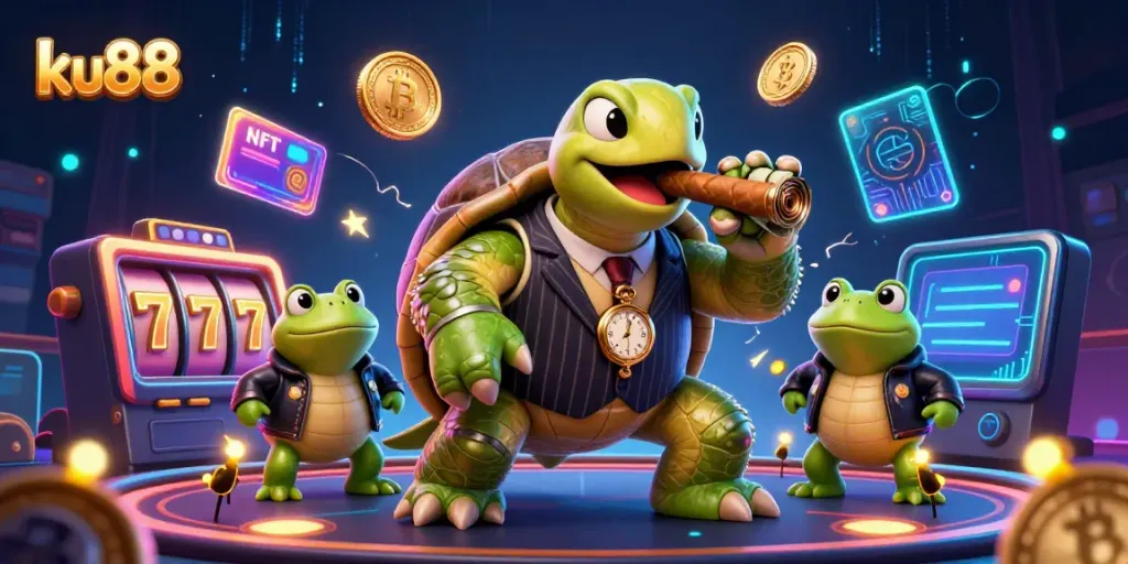 Engage in thrilling gameplay at ku88 with a vibrant casino scene showcasing characters, slot reels, and crypto elements.