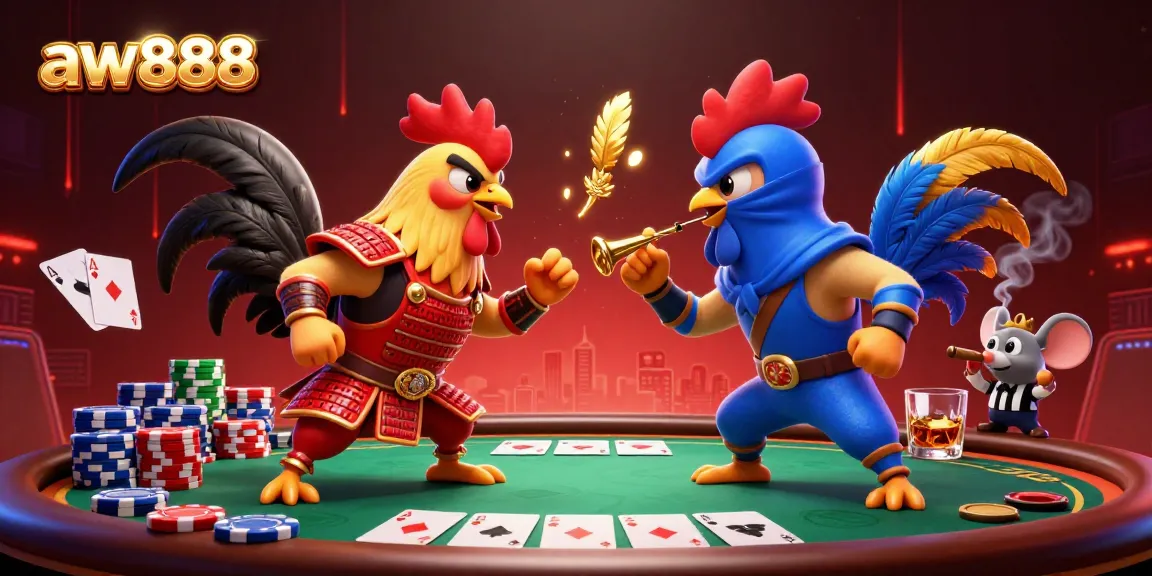 Aw888 captivates with an epic showdown between fighting roosters in a vibrant casino setting.
