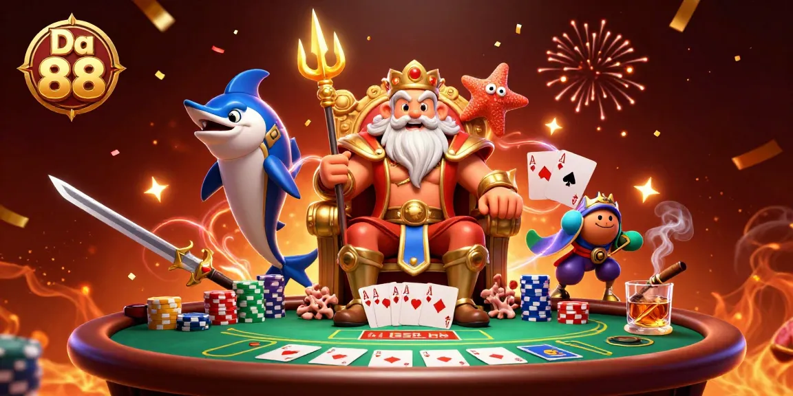 Win big at Da 88 with Neptune and festive poker elements surrounding this vibrant casino scene.
