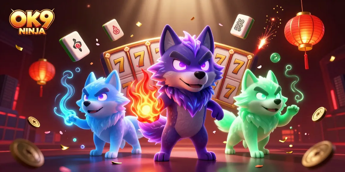 Engage in thrilling gameplay with OK9 NINJA featuring animated slot symbols and celestial wolves.