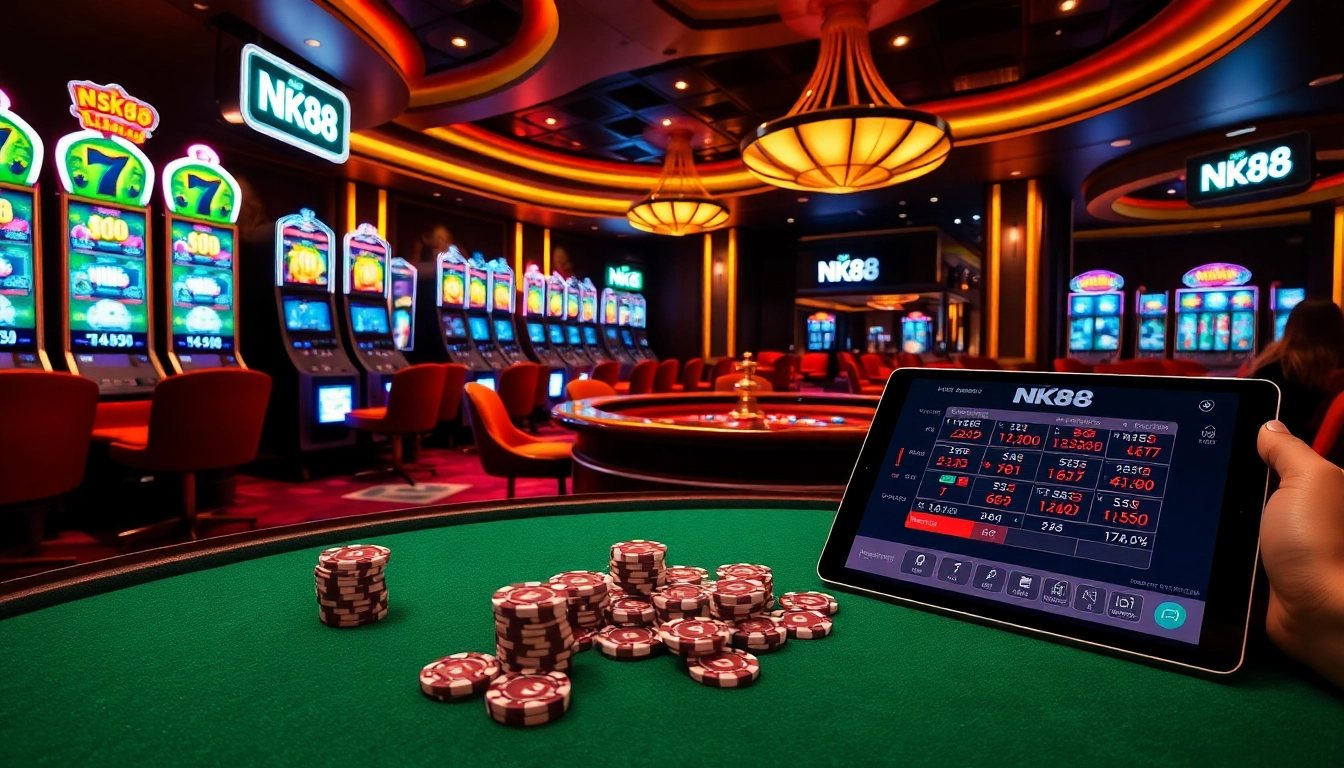 NK88 casino scene featuring vibrant slot machines, roulette tables, and glamorous poker chips.
