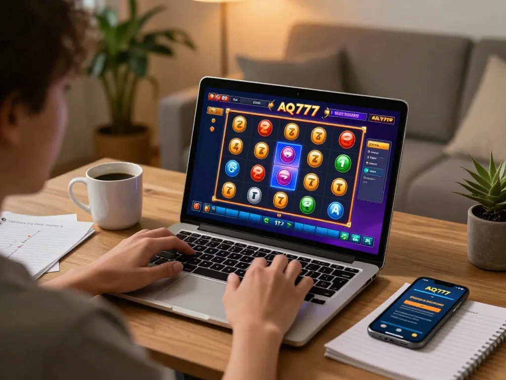 Uma pessoa jogando jogos online AQ777 em um laptop em um ambiente aconchegante com anotações de estratégia.