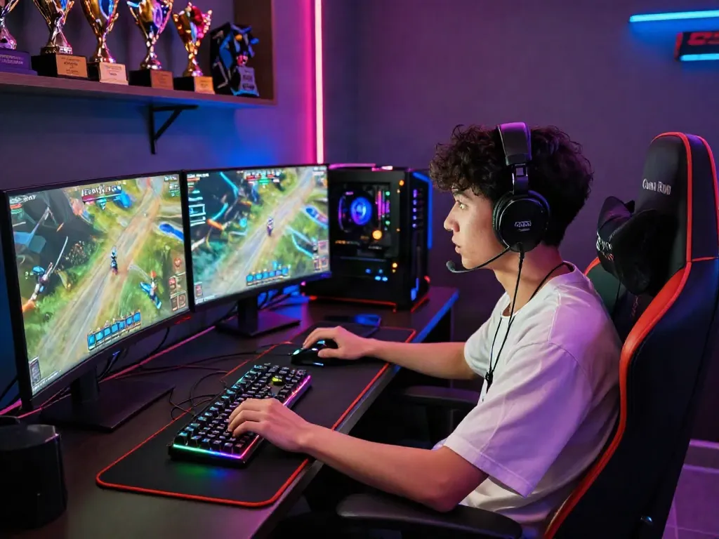 Người chơi game F168 đắm mình trong không gian thi đấu năng động với máy tính và giải thưởng xung quanh.