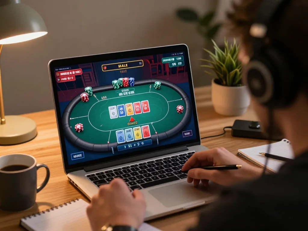 Engaging in an online poker game for game bài đổi thưởng uy tín, showcasing strategy and excitement at home.