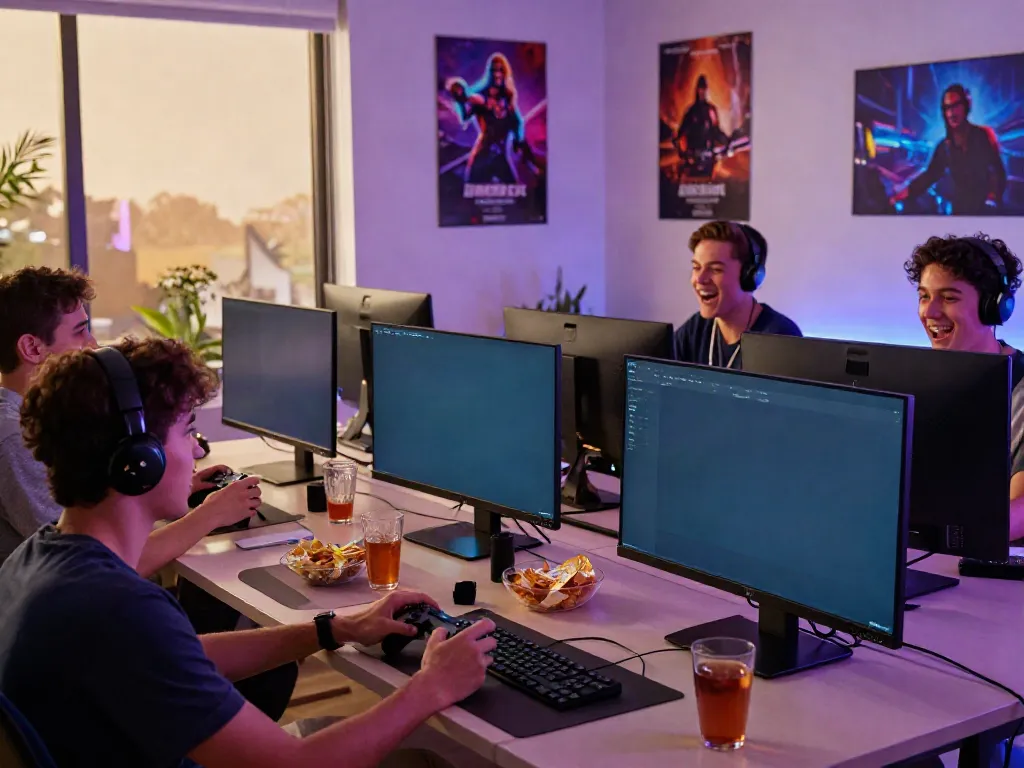 Group enjoying NBET online gaming experience in a vibrant room