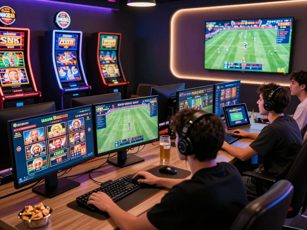 NK88 online gaming players enjoying diverse casino games in vibrant setup.