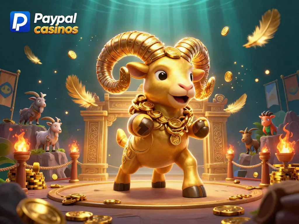 Engage with top paypal casinos featuring a dynamic golden ram and cheerful goats in a vibrant casino scene.