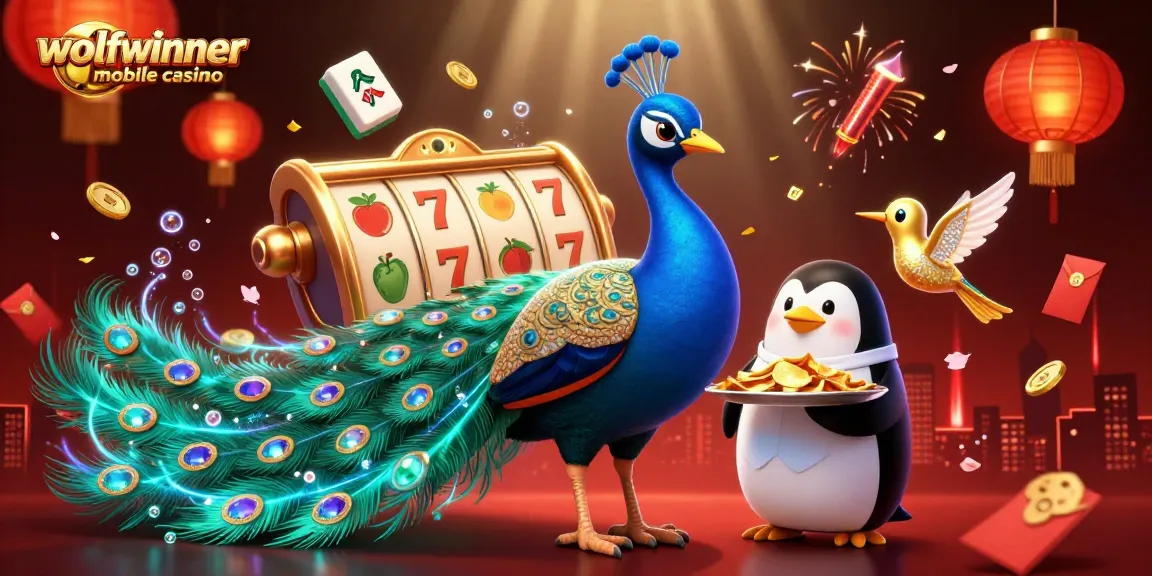 wolfwinner mobile casino showcases a vibrant animated scene with a peacock, penguin, and hummingbird amidst rich casino elements