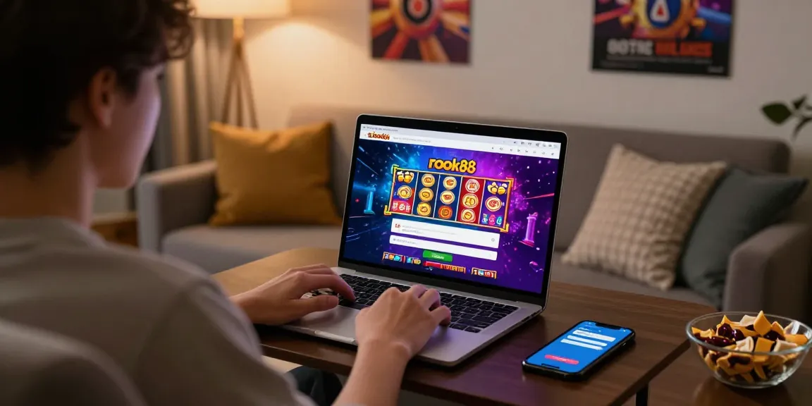 rokok88 login interface on laptop, user engaged in online gambling, cozy living room setting