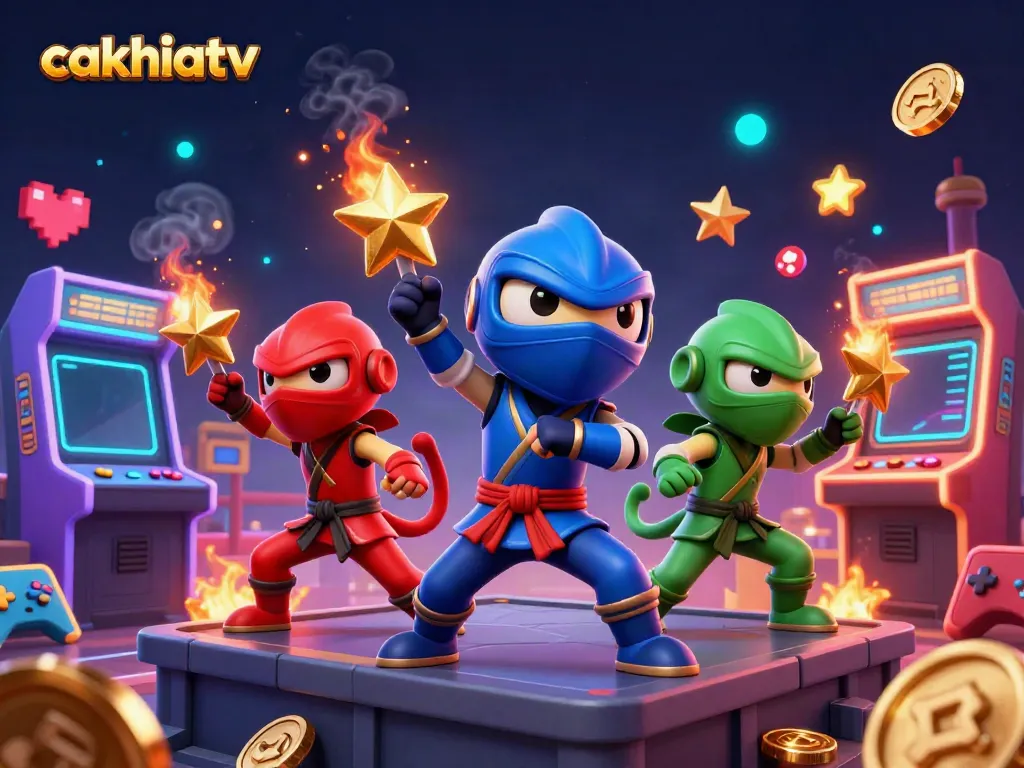 Cakhiatv ninjas showcasing synchronized moves amidst vibrant casino-themed arcade elements.