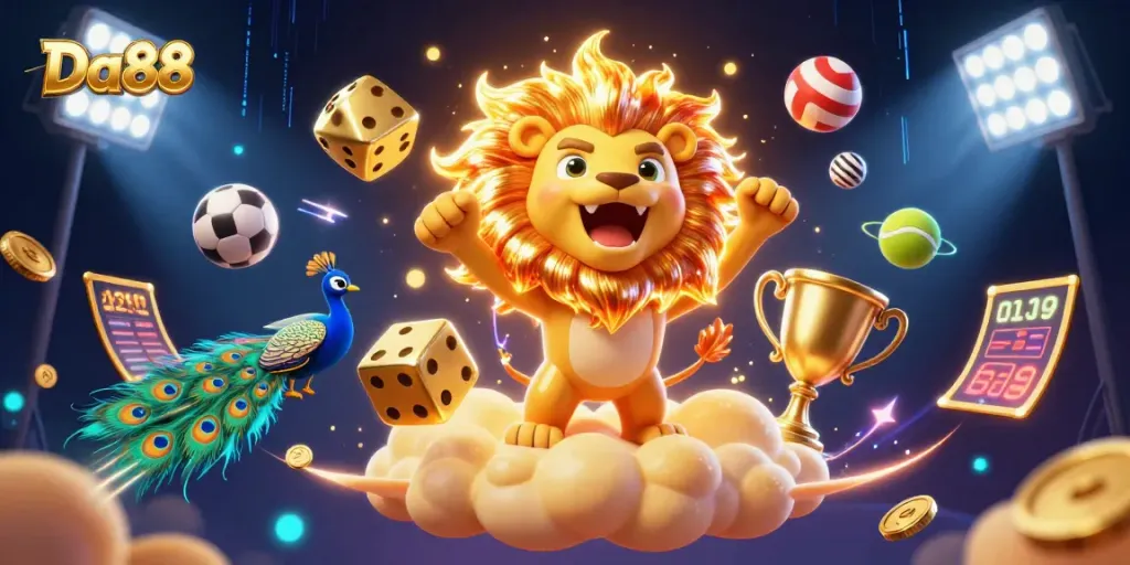 Experience thrilling sports betting at Da88 with a dynamic illustration of casino and sports elements.