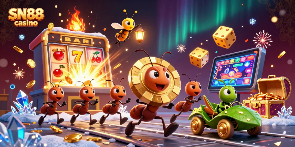 Experience the excitement of SN88 casino with ants in a heist, bursting slot machine, and vibrant game elements.