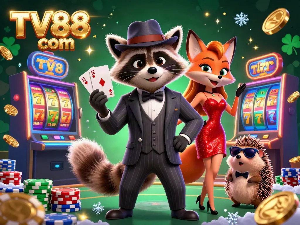 Experience thrilling gameplay at TV88 com with a raccoon, fox, and hedgehog in lively casino scenery.