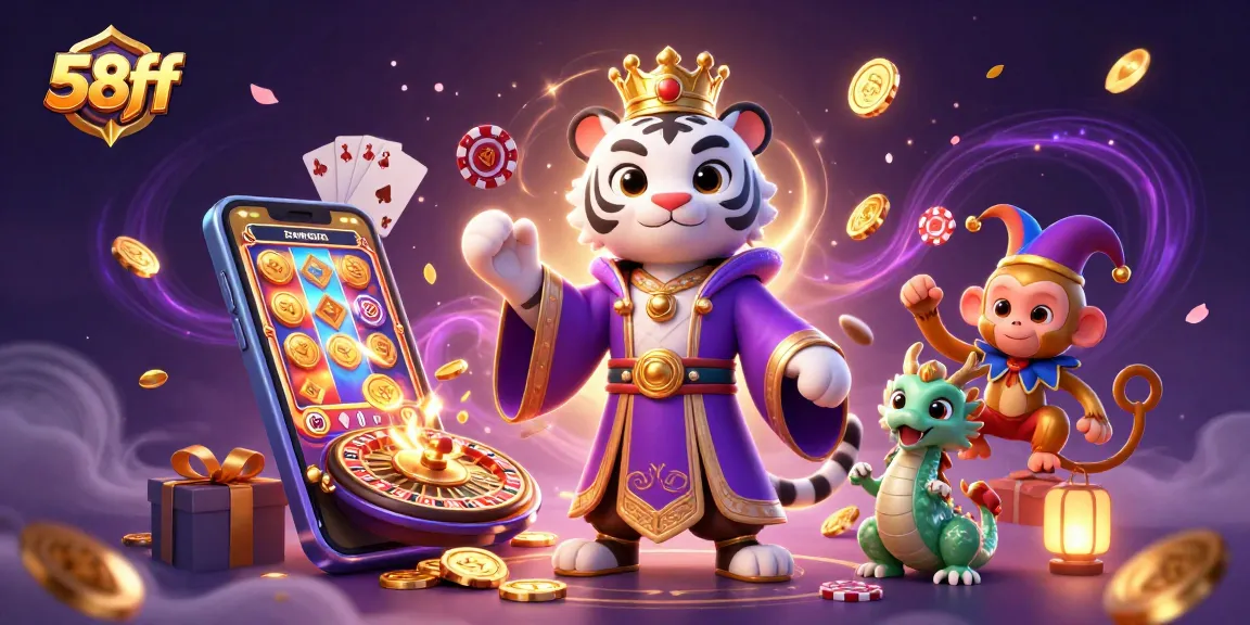 Experience excitement with 58ff as a vibrant scene of a tiger, monkey, and dragon embrace casino fun.