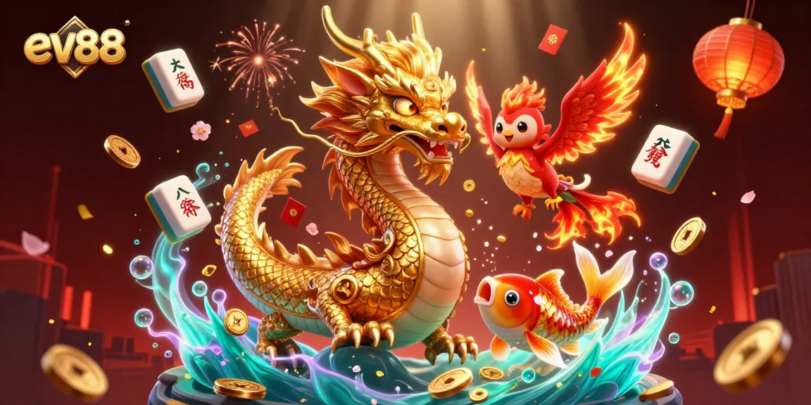 Witness the thrilling world of ev88 as a golden dragon, phoenix, and koi fish unite amid vibrant casino elements.