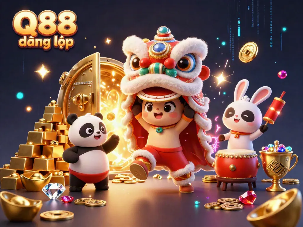 Experience the thrill of Q88 đăng nhập with a festive lion dance, gold treasures, and lively characters.