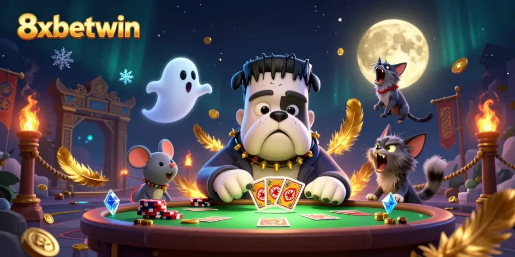 Engage with 8xbetwin as a Frankenstein bulldog deals cards at a haunted casino table.