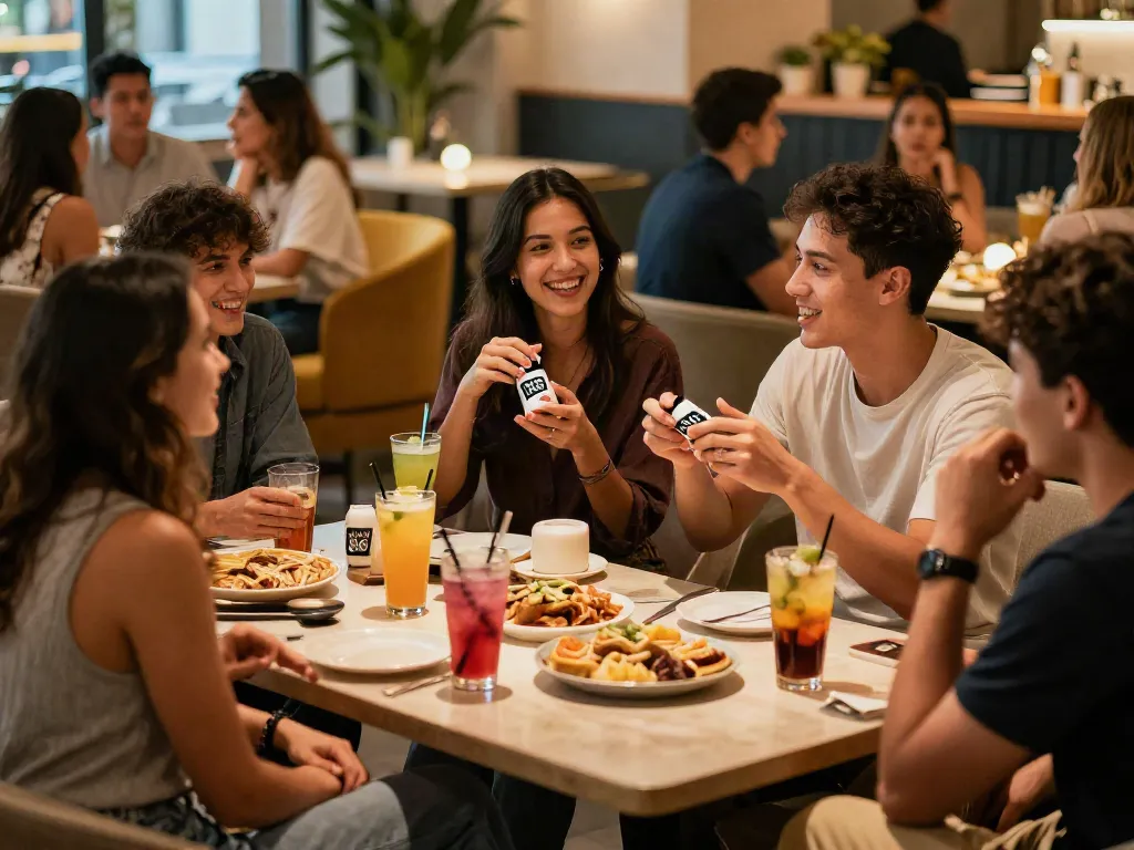 Friends discussing rokok88 products in a trendy lounge setting.