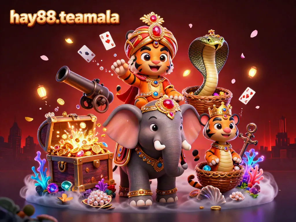 Experience vibrant gaming with the hay88-teamala maharaja tiger and his elephant companion amidst a treasure-filled underwater scene.