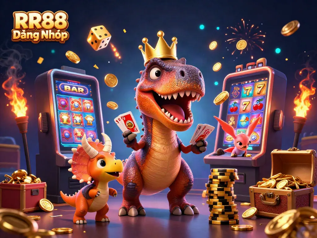 Experience the excitement of RR88 Đăng Nhập with a playful dinosaur-themed casino scene.