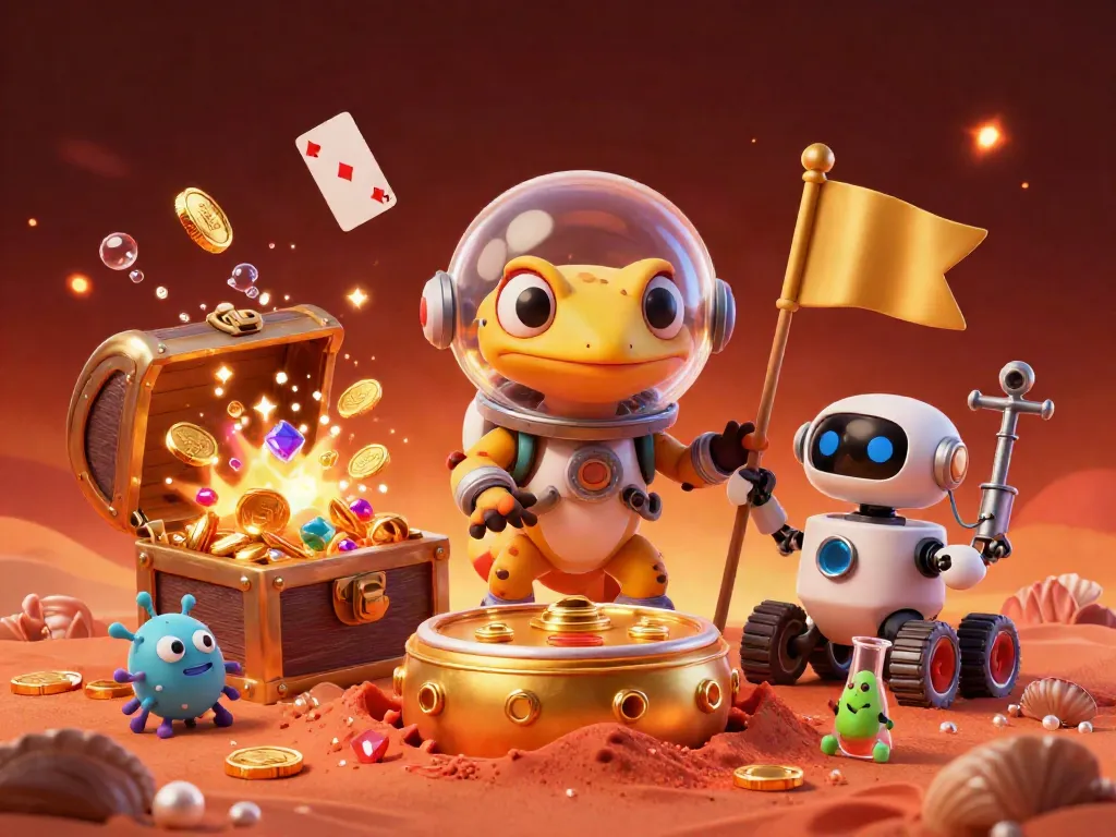 Sky88 illustrates a fun Martian gecko exploring a golden casino adventure amidst vibrant treasures and games.