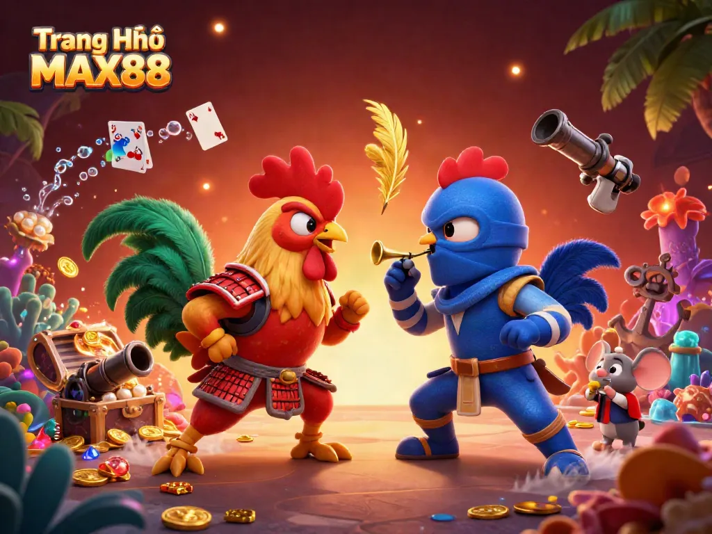 Experience the excitement of Trang Chủ MAX88 with animated roosters facing off amidst gambling elements.