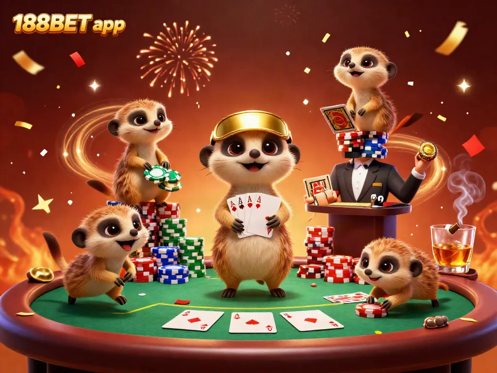 Experience the excitement of the 188BET app with lively meerkats in a dynamic casino scene.