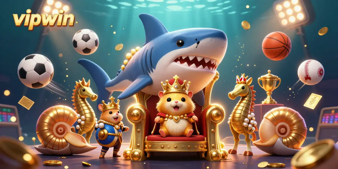 Experience the excitement of vipwin with a golden hamster king and sports elements in an underwater casino.