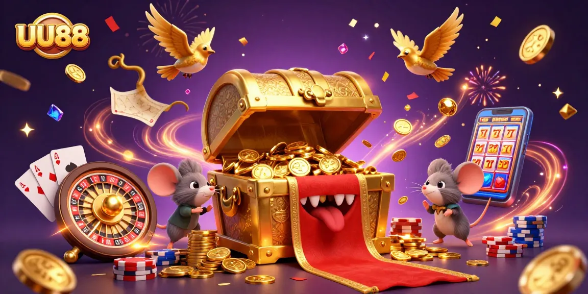 Win big with UU88 in a vibrant 3D casino-themed illustration showcasing engaging game elements