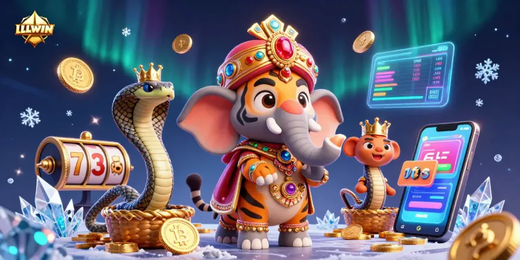 Experience thrilling gameplay with LLWIN in this vibrant 3D casino scene featuring a maharaja tiger and engaging elements.
