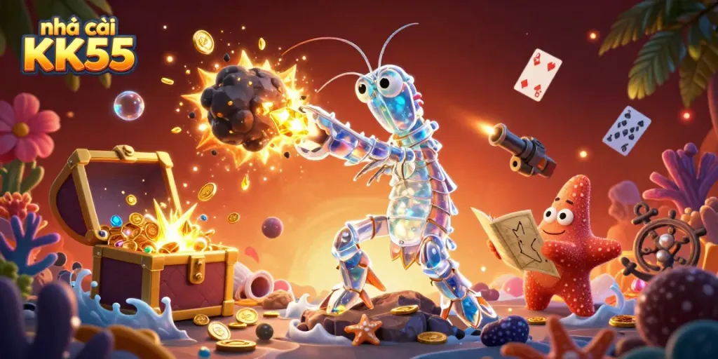 Experience the thrill of nhà cái KK55 with a vibrant, action-packed casino scene featuring galactic characters.