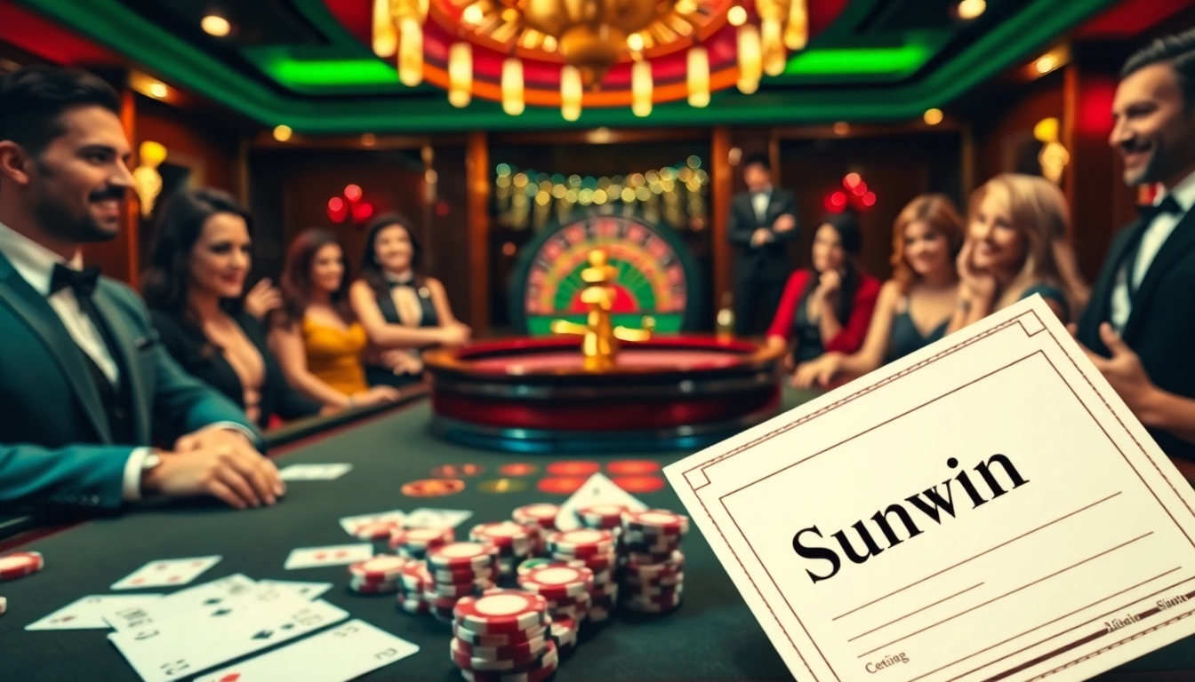 Win big at sunwin with a thrilling poker game surrounded by vibrant casino elements.