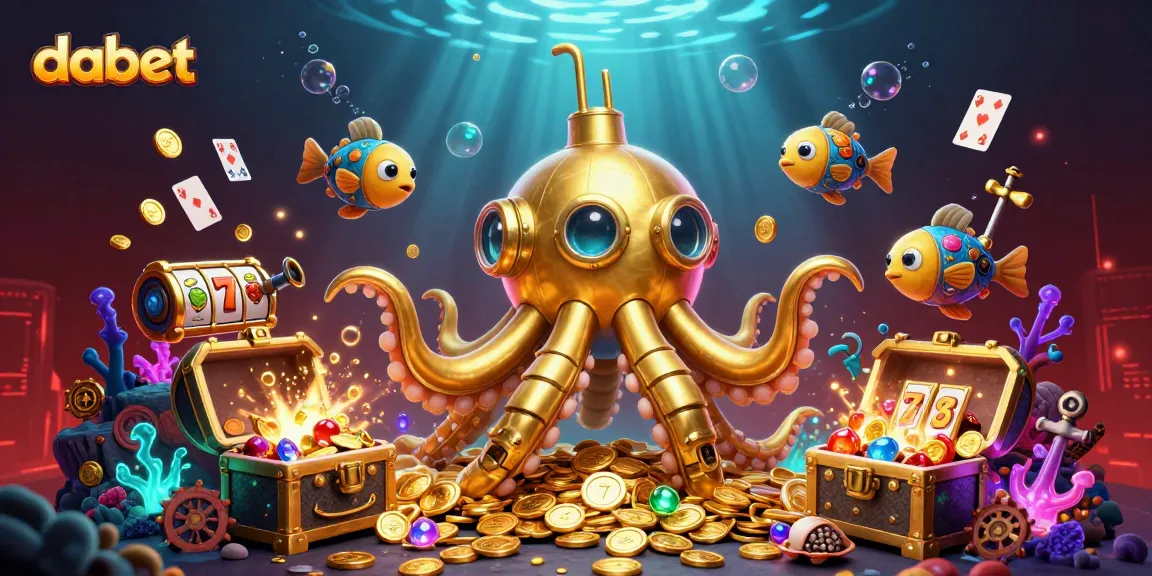 Dabet showcases an exciting underwater casino themed scene with a golden kraken submarine, slot reels, and treasure.