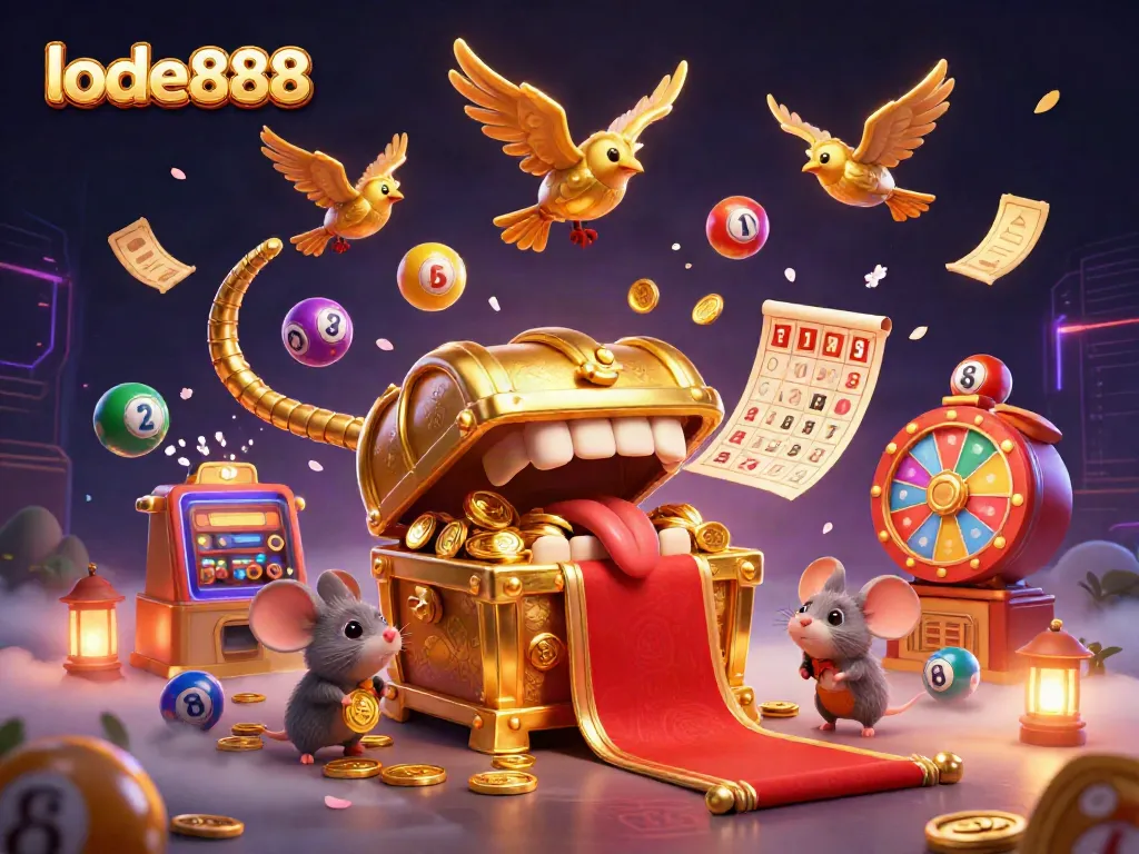 Experience thrilling wins at lode888 with an enticing 3D treasure chest and vibrant lottery elements.