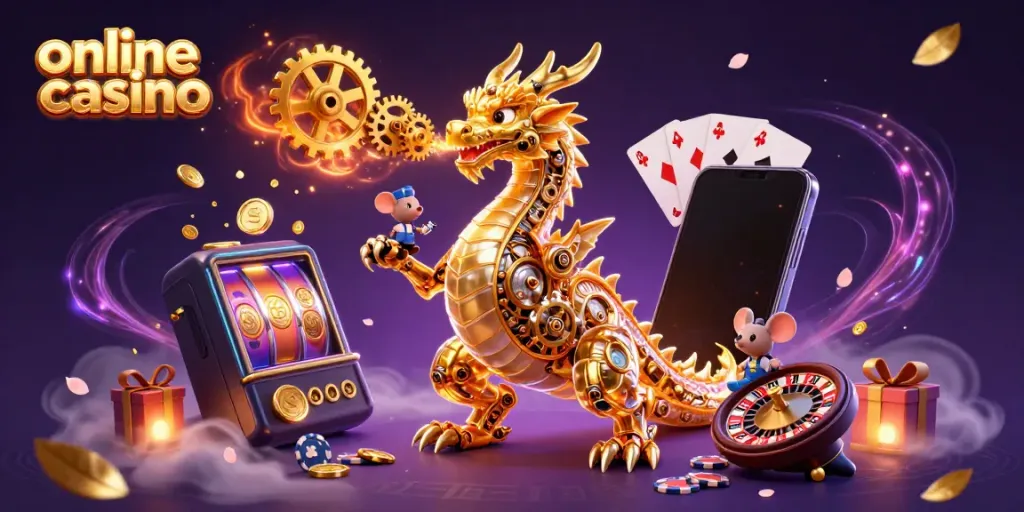 Experience the excitement of an online casino with engaging 3D illustrations featuring a golden dragon and game elements.