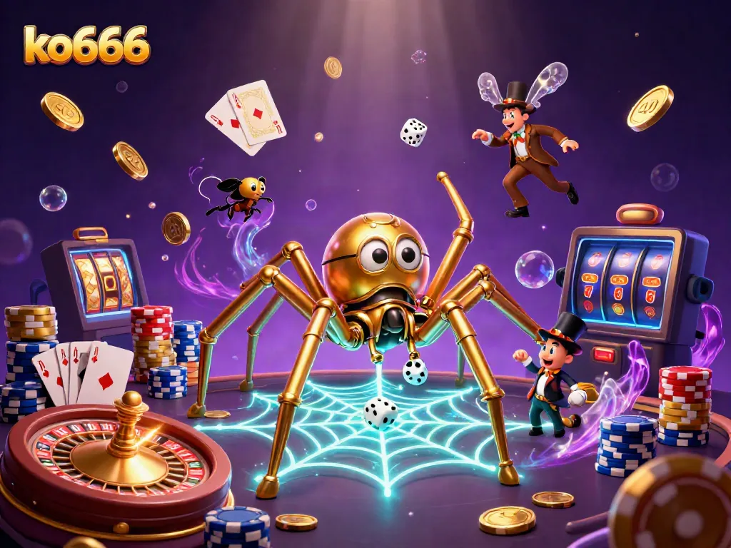 Engage with the excitement of ko666, featuring a golden spider webbing casino elements in a vibrant steampunk scene.