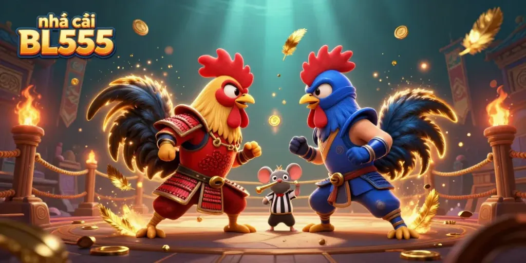 Engaging scene of nhà cái BL555 with roosters in battle, animated casino visuals.